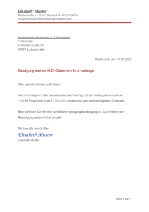 Kündigung ALDI Grünstrom Strom: Vorlage & Muster