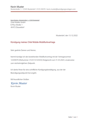 Kündigung Ortel Mobilel: Vorlage & Muster