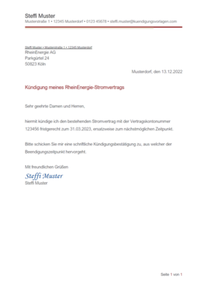 Kündigung RheinEnergie Strom: Vorlage & Muster