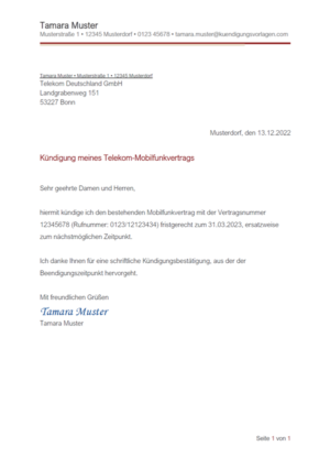 Kündigung Telekom Handyvertrag: Vorlage & Muster