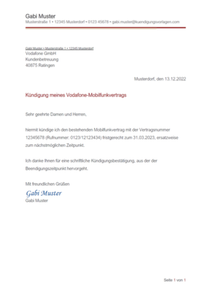 Kündigung Vodafone Handyvertrag: Vorlage & Muster
