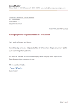 Kündigung fit+ Weißenhorn: Vorlage & Muster