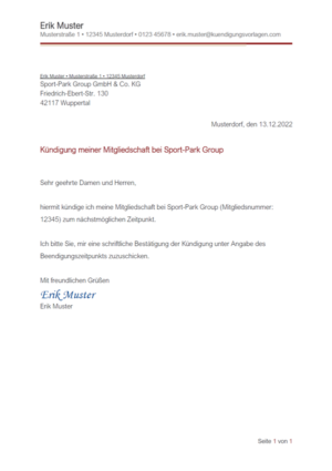 Kündigung Sport-Park Group: Vorlage & Muster