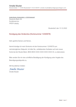 Kündigung Deutsche Bank AG Girokonto: Vorlage & Muster