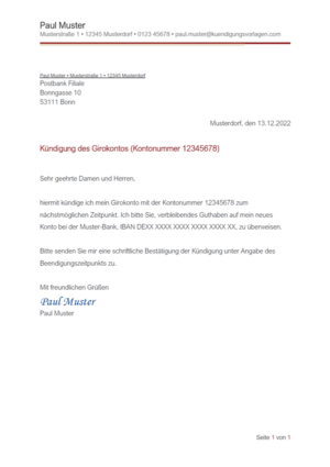 Kündigung Postbank Girokonto: Vorlage & Muster