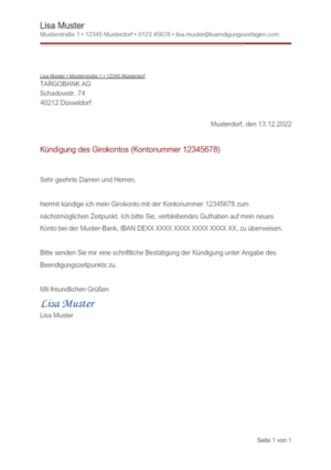 Kündigung Targobank Girokonto: Vorlage & Muster