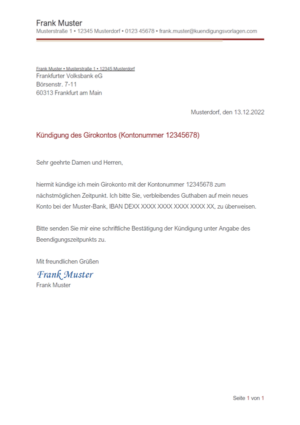 Kündigung Volksbank Girokonto: Vorlage & Muster