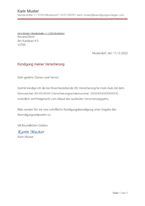 Kündigung BavariaDirekt Kfz-Versicherung: Vorlage & Muster