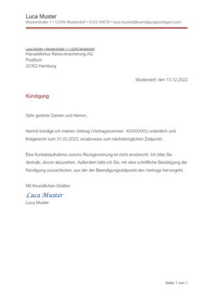 Kündigung HanseMerkur Reiseversicherung: Vorlage & Muster