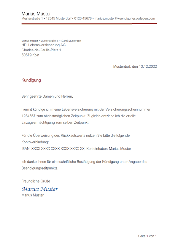 K ndigung HDI Lebensversicherung Vorlage Muster 