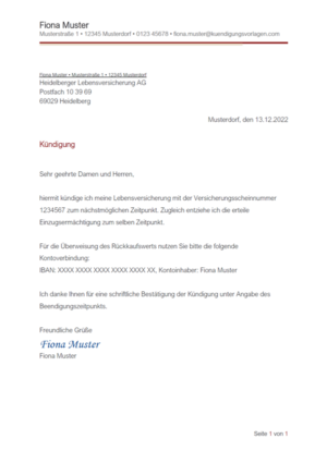 Kündigung Heidelberger Lebensversicherung: Vorlage & Muster