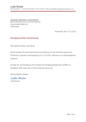 Kündigung Roland Rechtsschutzversicherung: Vorlage & Muster