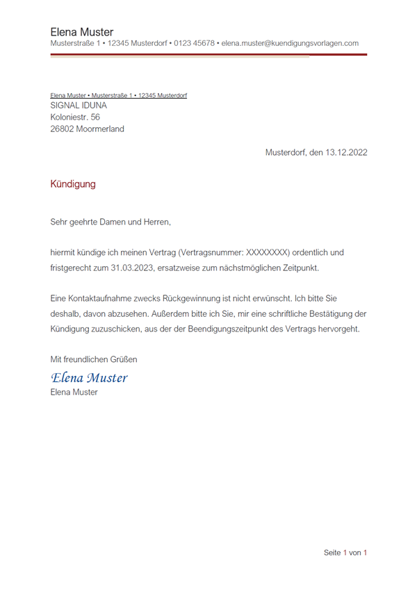 K ndigung SIGNAL IDUNA Reiseversicherung Vorlage Muster 