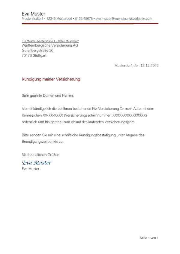 Kündigung Württembergische Kfz-Versicherung: Vorlage & Muster