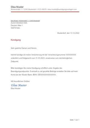 Kündigung Zurich Risikolebensversicherung: Vorlage & Muster