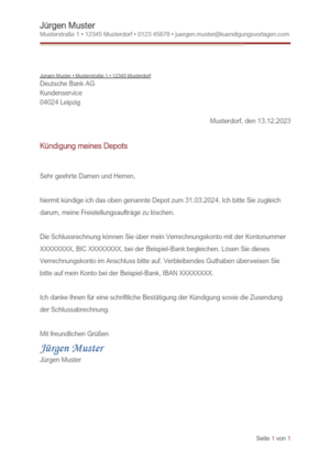 Kündigung Deutsche Bank Depot: Vorlage & Muster