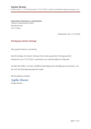 Kündigung Telekom DSL-Vertrag: Vorlage & Muster
