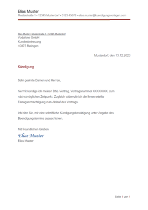 Kündigung Vodafone Internet: Vorlage & Muster