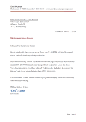Kündigung VW Bank Depot: Vorlage & Muster