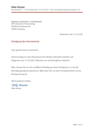 Kündigung GEOlino-Abonnement: Vorlage & Muster